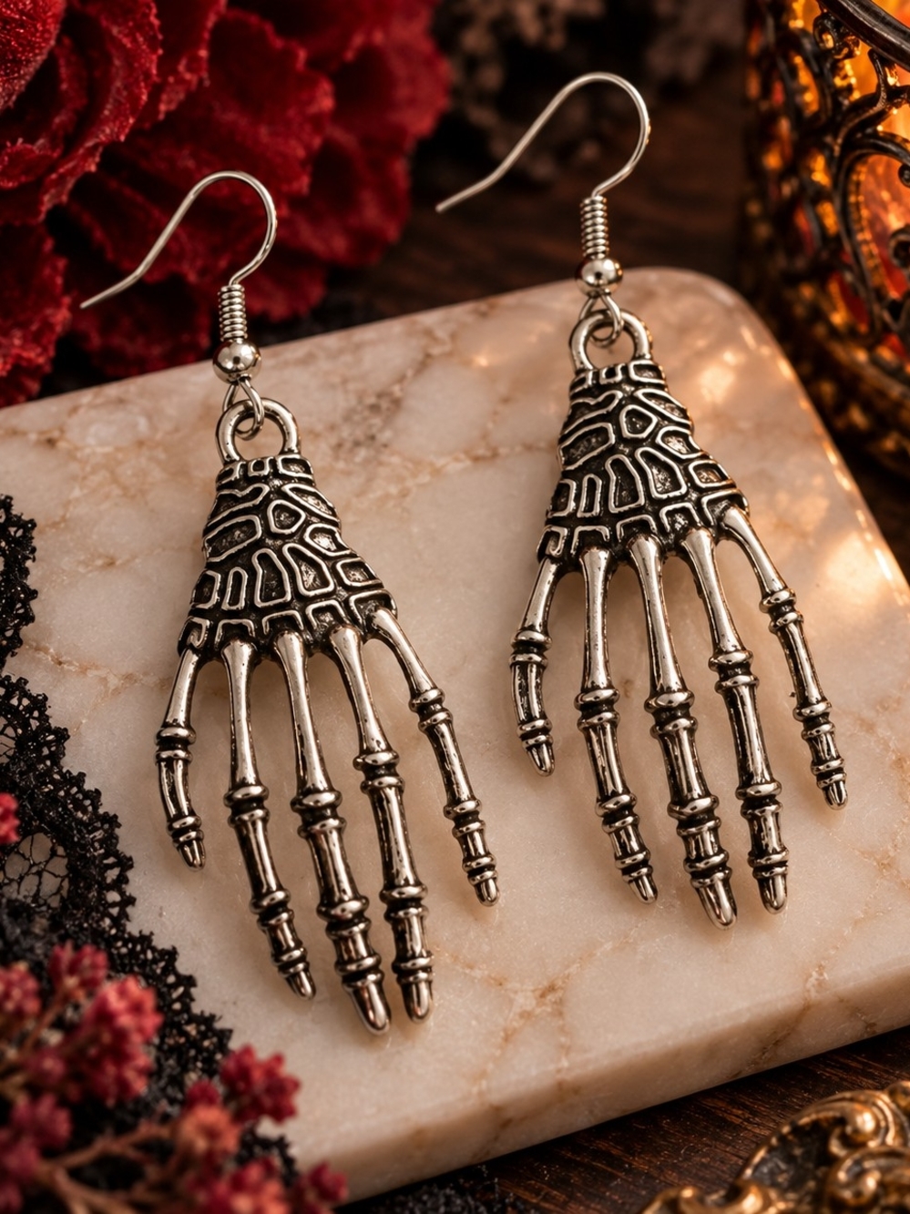 Silver Tone Metal Skeleton Hand Dangle Drop Earrings - New